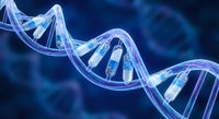 DNA double helix structure with glowing blue light effects on dark background for medical research, biotechnology and genetic science concepts.