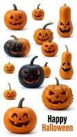 Carved jack-o'-lantern pumpkins in various sizes with glowing faces isolated on white background, perfect for seasonal decorations and holiday designs.