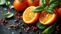 Fresh orange citrus halves with scattered peppercorns, pink salt crystals, and vibrant basil leaves on dark background, dramatic food styling for culinary design.