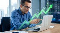 Professional businessman analyzing financial data on laptop with rising green arrow charts and market analytics overlay in modern office environment.