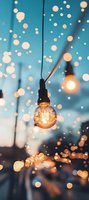 Glowing vintage bulb against blue twilight sky with magical bokeh lights creating dreamy atmosphere. Perfect for mood and inspiration designs.
