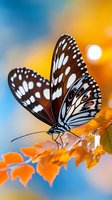 Brown and white spotted butterfly perched on orange autumn leaves against blurred blue and golden background, showcasing delicate wing patterns in macro detail.