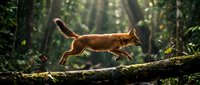 Red fox leaping over fallen log in sunlit forest with golden light filtering through trees creating magical woodland atmosphere for nature wildlife photography.