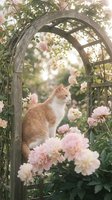 Orange tabby cat sitting on wooden garden arbor surrounded by blooming pink roses in sunlit cottage garden setting for home decor and lifestyle content.