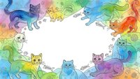 Colorful rainbow watercolor cats frame border with white center space for text or design elements. Playful feline illustration for greeting cards.