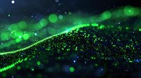 Glowing green and blue particles form dynamic wave pattern against dark background with bokeh light effects and digital dots creating futuristic atmosphere.
