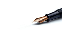 Close-up view of golden fountain pen nib on white background, showing intricate details and craftsmanship of writing instrument tip with selective focus and copy space.