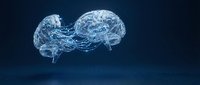 Digital wireframe brain model with neural network connections floating on dark blue background for medical technology presentations.
