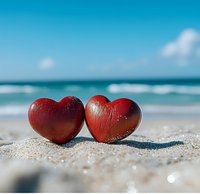 Two red hearts on sandy beach with turquoise ocean waves and blue sky background, romantic summer vacation concept for valentines day and honeymoon.