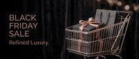 Black Friday sale promotional banner featuring shopping cart filled with wrapped gift boxes and elegant typography on dark background with bokeh lights.