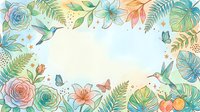 Watercolor floral frame with hummingbirds, butterflies, tropical leaves, and roses on a soft pastel background with copy space.