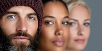 Diverse group of three people faces in row showing racial diversity and inclusion. Bearded man in beanie, African American woman and blonde woman closeup portraits.