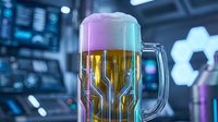 Futuristic beer mug with holographic foam and digital circuit patterns in modern tech laboratory setting with neon lighting and hexagonal displays.