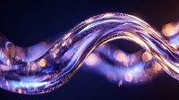 Glowing wavy line with purple and gold sparkles on dark background, abstract light trail effect with bokeh circles creates magical atmosphere.