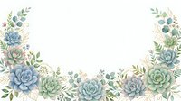 Watercolor succulent flowers and eucalyptus leaves arranged in corner borders on white background, isolated design element for invitations, cards, and web graphics.
