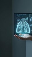 Digital pulmonary health hologram floating above open palm with medical data visualization for healthcare technology and respiratory system analysis.