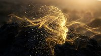 Golden flowing hair with sparkling particles in warm sunlight creates dreamy ethereal atmosphere for beauty and wellness concepts.