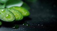 Fresh green leaves with water droplets on dark background, macro photography showing morning dew and natural moisture on plant foliage in dramatic lighting.