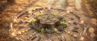 Mystical ritual circle with tree stump, crystals, candles, and purple flowers arranged on earthy ground for spiritual ceremonies and witchcraft practices.