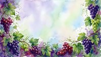 Watercolor grape vines frame with purple and green clusters, leaves and tendrils on soft pastel background for wine labels, vineyard branding and harvest designs.