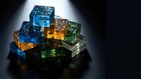 Colorful transparent glass building blocks stacked in a pyramid on dark background, glowing with blue, green, amber, and clear tones.