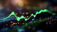 Glowing green financial chart line graph with bokeh light effects on dark background showing market data visualization and trading analysis.