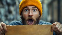 Excited bearded Caucasian man in yellow beanie hat showing surprised expression while holding wooden board, looking through gap with wide open mouth and blue eyes.