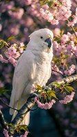 White cockatoo parrot perched on blooming cherry blossom branch with pink flowers in spring garden setting for nature and wildlife photography.