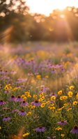 Wildflower meadow with purple and yellow blooms at golden hour sunset. Natural field landscape with warm sunlight filtering through trees in background.