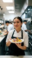 Female chef with dark hair and Latin American ethnicity proudly displays a colorful plated dish in a professional kitchen. Use for culinary websites, restaurant marketing, cooking blogs, and food service industry content.