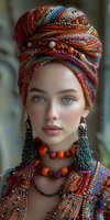 Young woman wearing colorful woven turban with beads, statement ethnic jewelry and traditional textiles. Striking blue eyes and natural makeup.