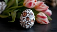 Decorative Easter egg with brown floral pattern hand-painted on white surface, displayed with soft pink tulips against dark background. Traditional holiday craft.