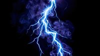Electric lightning bolt striking through dark blue and purple smoke clouds on black background, ideal for energy, power, and storm-related designs.