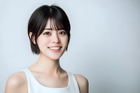 Young Asian woman with short black hair and bangs wearing white sleeveless top smiling warmly at camera against light gray background, natural makeup look.