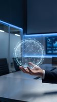 Businessman hand holding glowing digital network sphere with connected nodes in modern office environment for technology and innovation concepts.