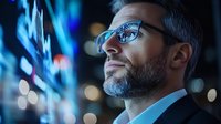 Professional businessman with glasses and beard looking at glowing digital data visualization in dark office environment with blue technology lights.