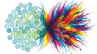 Abstract watercolor explosion with geometric circles transitioning from structured teal pattern to vibrant rainbow paint splashes on white background.