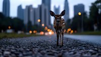 Young fawn standing alone on urban road with city skyline and bokeh lights in background during blue hour, creating dramatic wildlife meets city atmosphere.