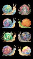 Decorative snails and butterflies with ornamental spiral shells in vibrant colors, isolated on transparent background. Ready for t-shirt design, stickers, clipart, sublimation, and print-on-demand products.