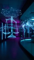 Futuristic digital justice scales hologram with network connections in modern office interior with neon lighting and glass walls for legal technology concepts.