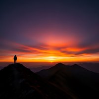 Silhouette of hiker standing on mountain peak during dramatic sunrise with vibrant orange and purple sky colors over mountain range landscape.