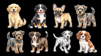 Cute puppy breeds clipart set isolated on transparent background, ready for stickers, t-shirt design, print on demand, and sublimation projects.