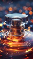 Glowing glass button with rippling liquid gold effect and bokeh lights in background creates dramatic luxury atmosphere for product advertising and design projects.