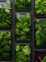 Fresh organic greens and vegetables in black meal prep containers arranged on dark background, featuring spinach, broccoli, lettuce and herbs for healthy eating.