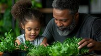 African American father and daughter examining fresh herbs growing in indoor garden, sharing educational moment about sustainable home gardening and healthy living.
