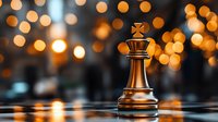 Chess king piece on reflective surface against blurred warm bokeh lights creating dramatic atmosphere for business strategy and leadership concepts.