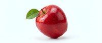 Fresh red apple with green leaf isolated on white background for healthy eating and nutrition concepts.