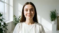Young Caucasian woman with long brown hair wearing white t-shirt smiling at camera in bright modern room with green plants and natural window light.