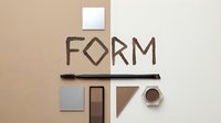 Flat lay composition featuring the word form with geometric shapes, color swatches, and design elements arranged on neutral beige and white background for branding.