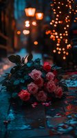 Pink roses lying on wet pavement at dusk, with glowing street lamps and bokeh lights creating romantic atmosphere. Fallen petals scattered around bouquet in evening light.